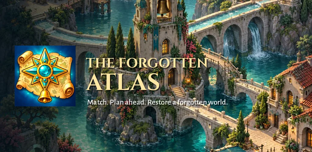 Forgotten Atlas key art: a painted city of bridges and waterfalls