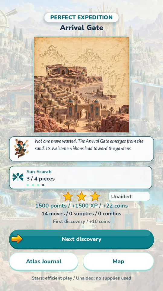 A results screen with stars and coins